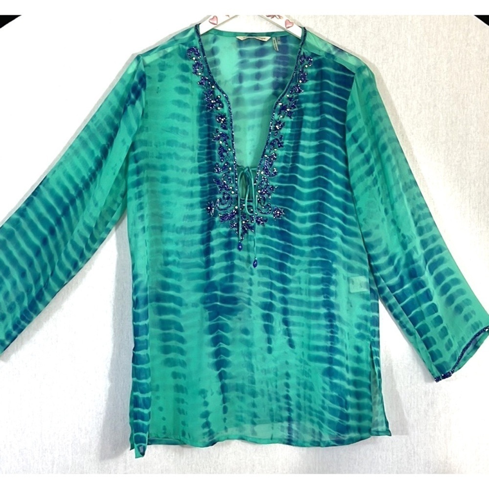 Soft Surroundings Cenote Tunic Blue Green Tie Dye Glass Beads Swimsuit Cover-up